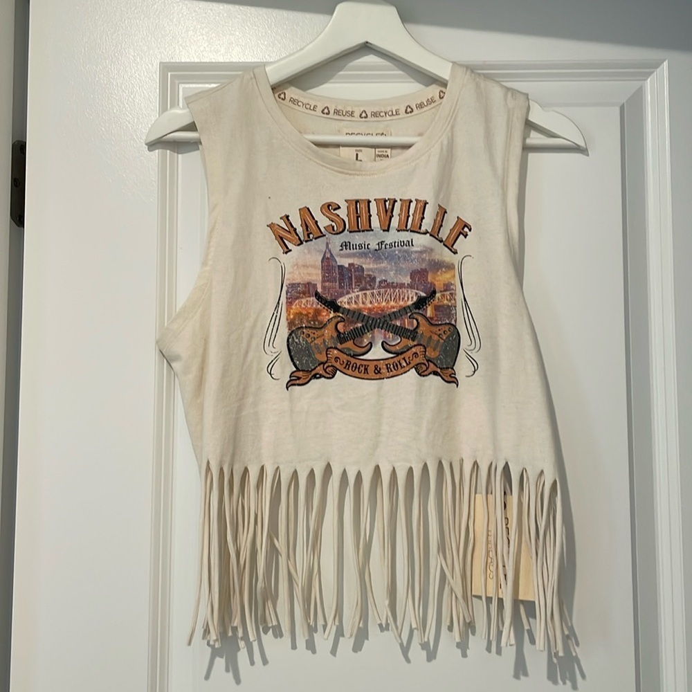 Recycled threads top Nashville music festival cream fringe crop top large new - Picture 5 of 10